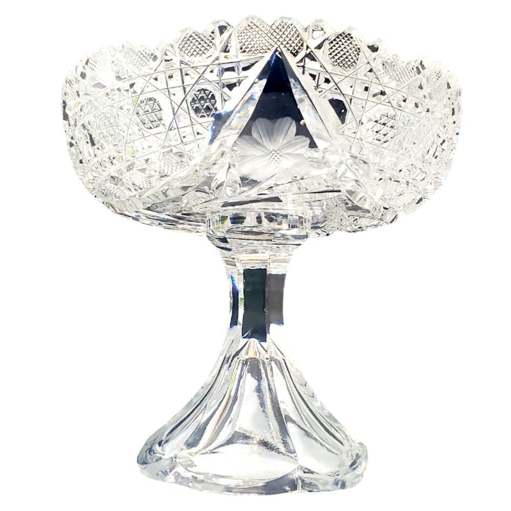 Vintage Etched Crystal 5" Compote Candy Dish Sawtooth Rim Pedestal